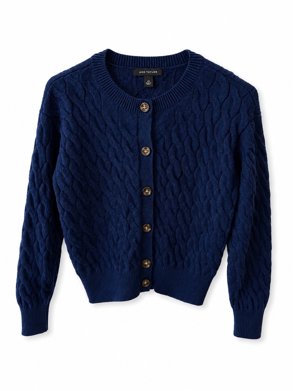 Ann Taylor Navy Cable-Knit Buttoned Crew Cardigan